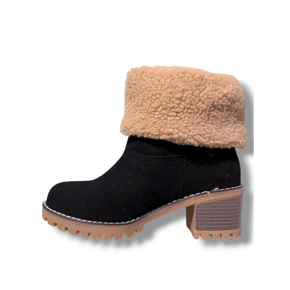 NIB Black Suede Faux Fur Lined Winter Boots Chunky Heel Size 36 6 Bootie Fashion - Picture 9 of 11